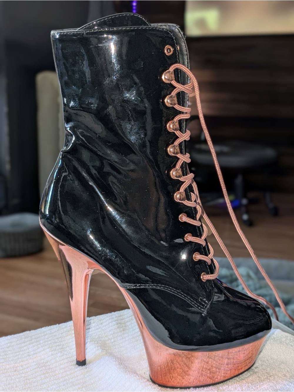 Pleaser Black Patent Lace-Up Platform Ankle Boot with Rose Gold Accents